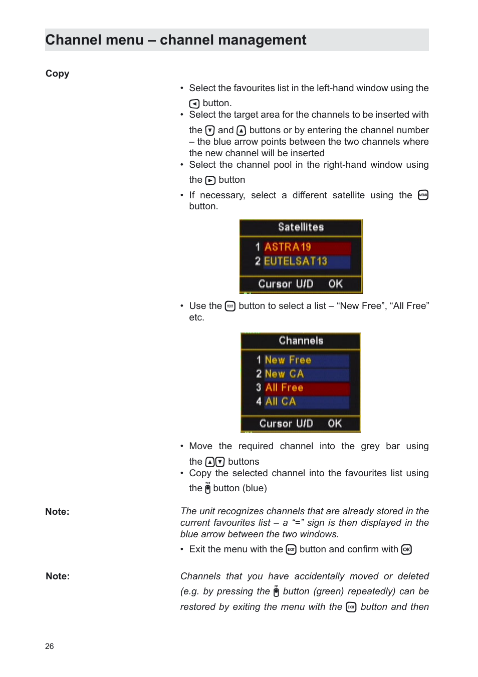 Channel menu – channel management | Kathrein UFS 702sw User Manual | Page 26 / 68