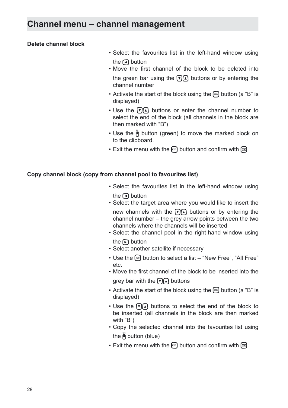 Channel menu – channel management | Kathrein UFS 702sw User Manual | Page 28 / 68