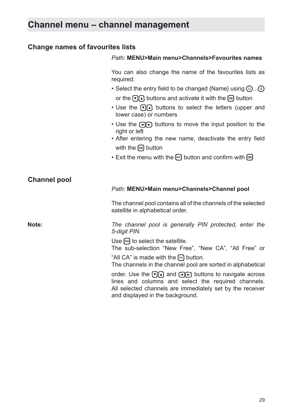 Channel menu – channel management | Kathrein UFS 702sw User Manual | Page 29 / 68