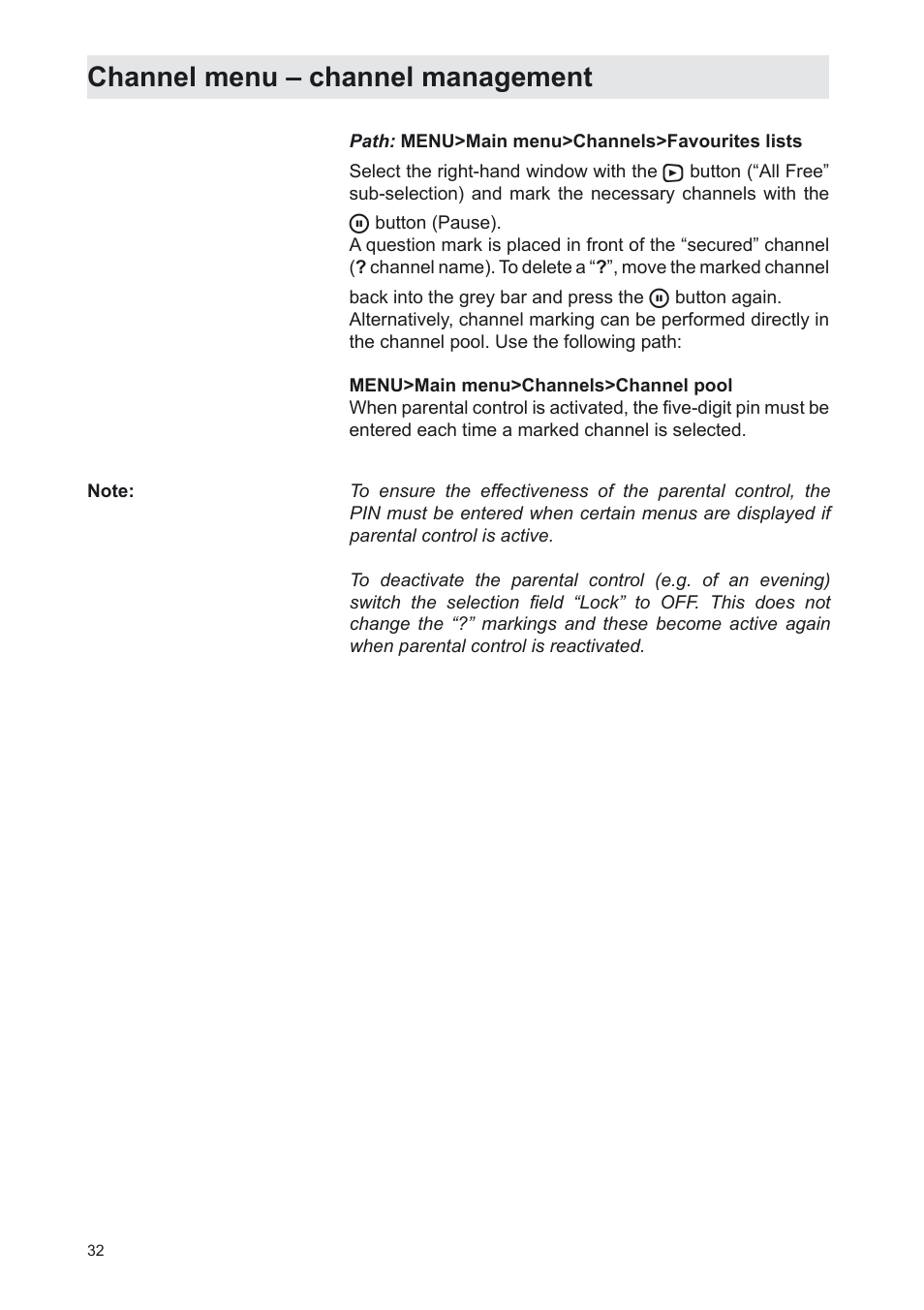 Channel menu – channel management | Kathrein UFS 702sw User Manual | Page 32 / 68