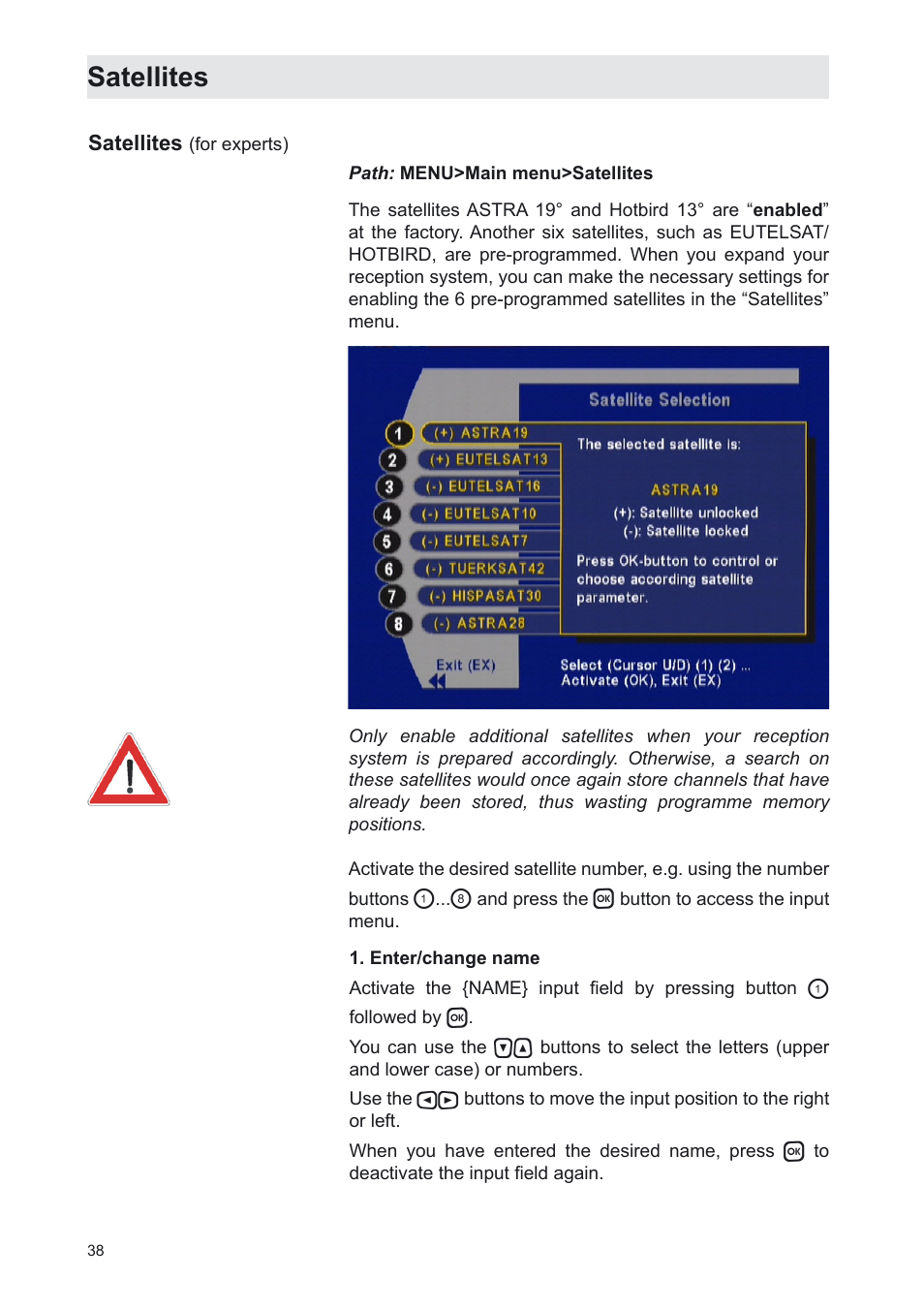 Satellites | Kathrein UFS 702sw User Manual | Page 38 / 68