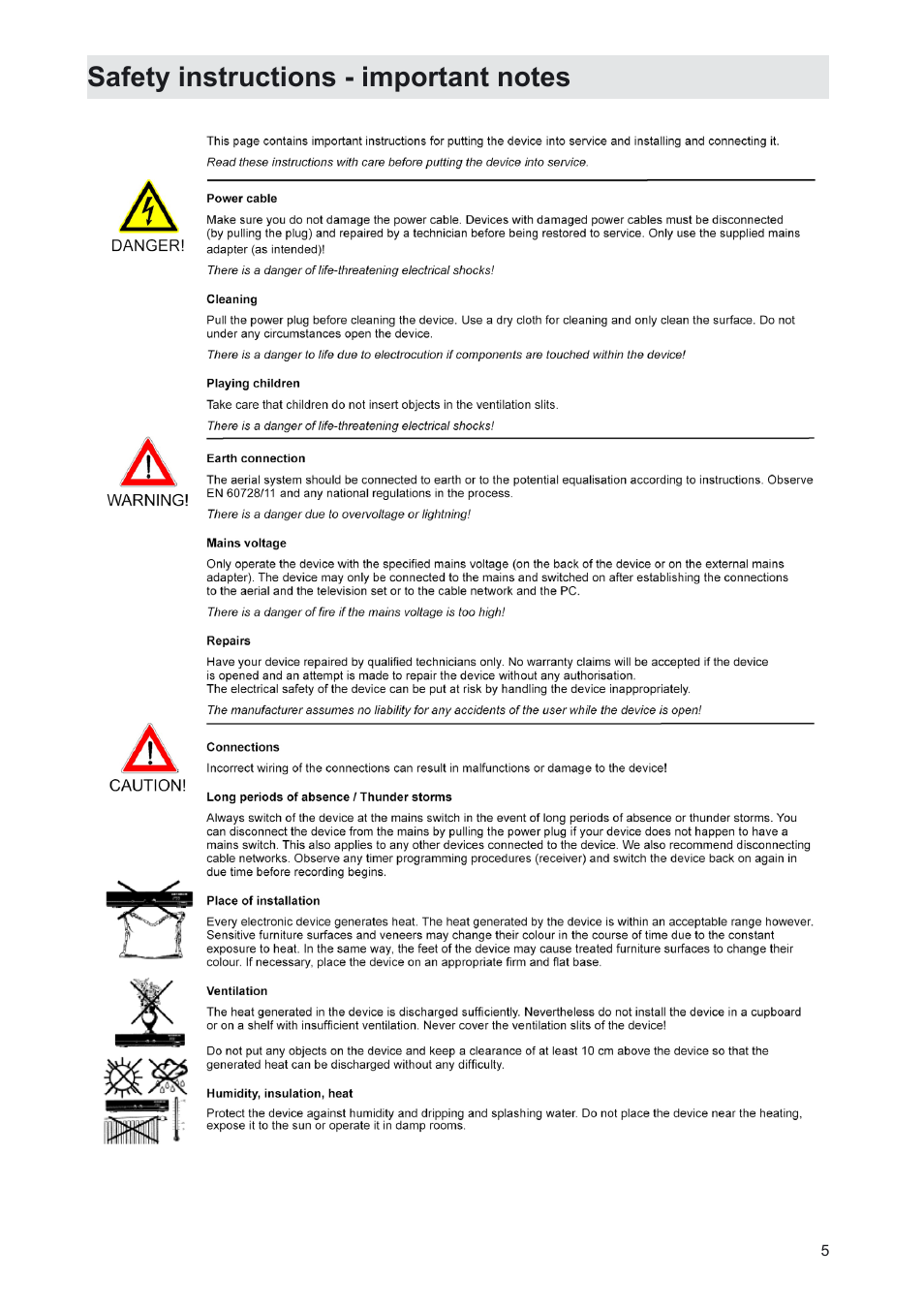 Safety instructions - important notes | Kathrein UFS 702sw User Manual | Page 5 / 68