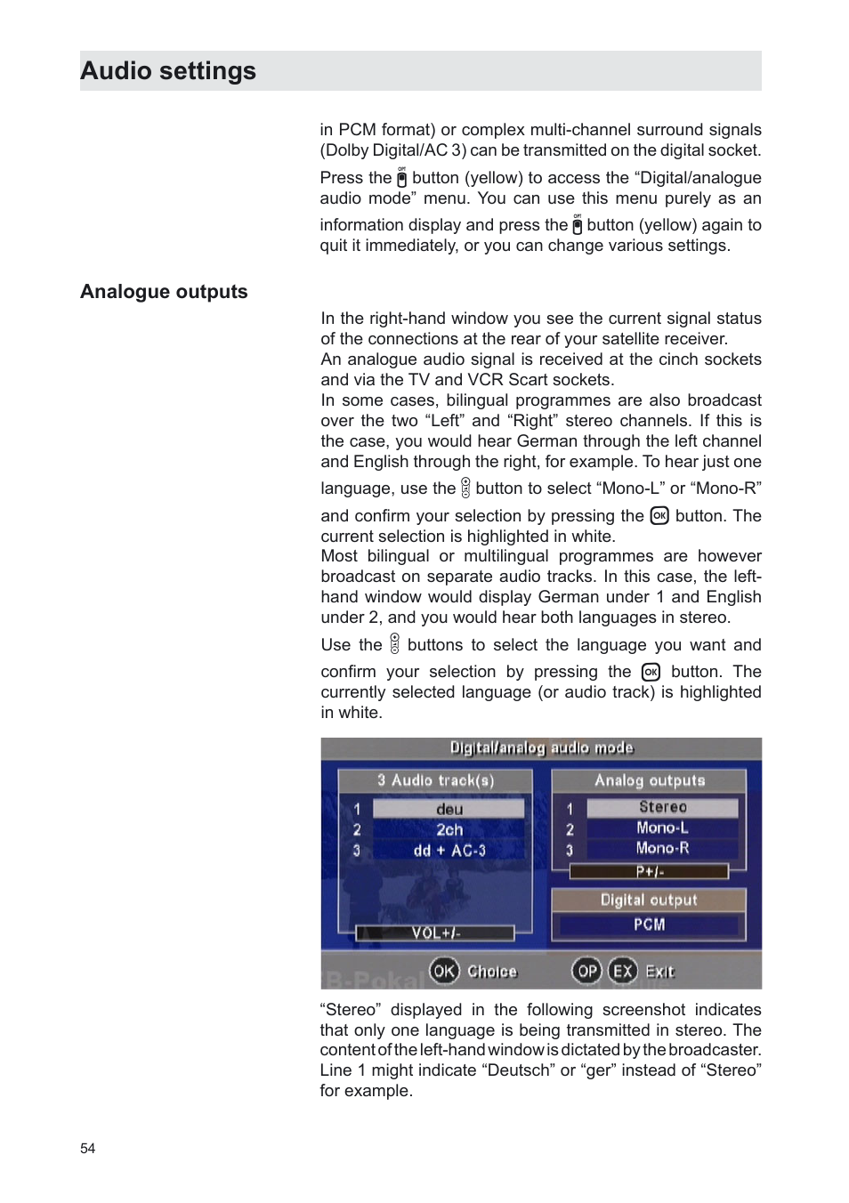 Audio settings | Kathrein UFS 702sw User Manual | Page 54 / 68