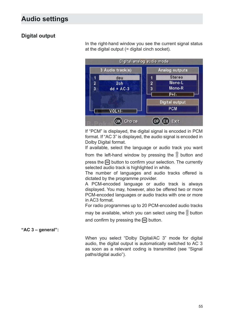Audio settings | Kathrein UFS 702sw User Manual | Page 55 / 68