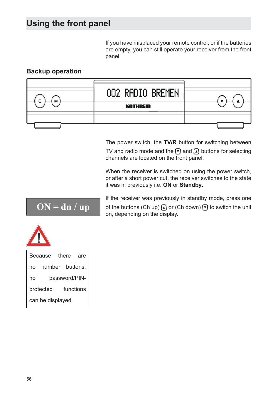 Using the front panel | Kathrein UFS 702sw User Manual | Page 56 / 68