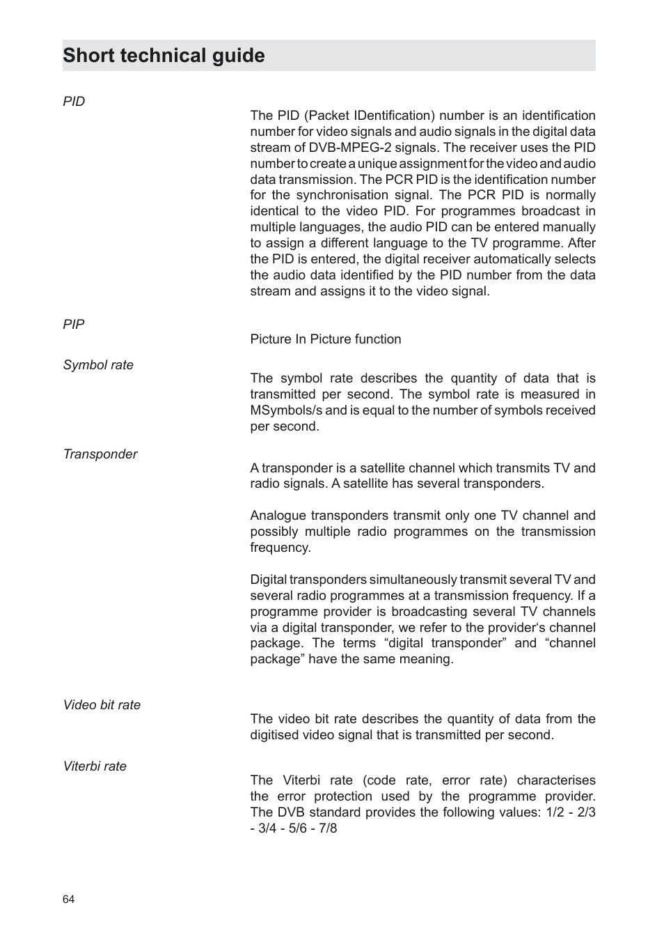 Short technical guide | Kathrein UFS 702sw User Manual | Page 64 / 68