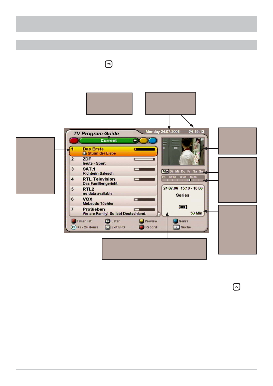 Epg - electronic programme guide, Call up epg | Kathrein UFS 712sw User Manual | Page 26 / 72