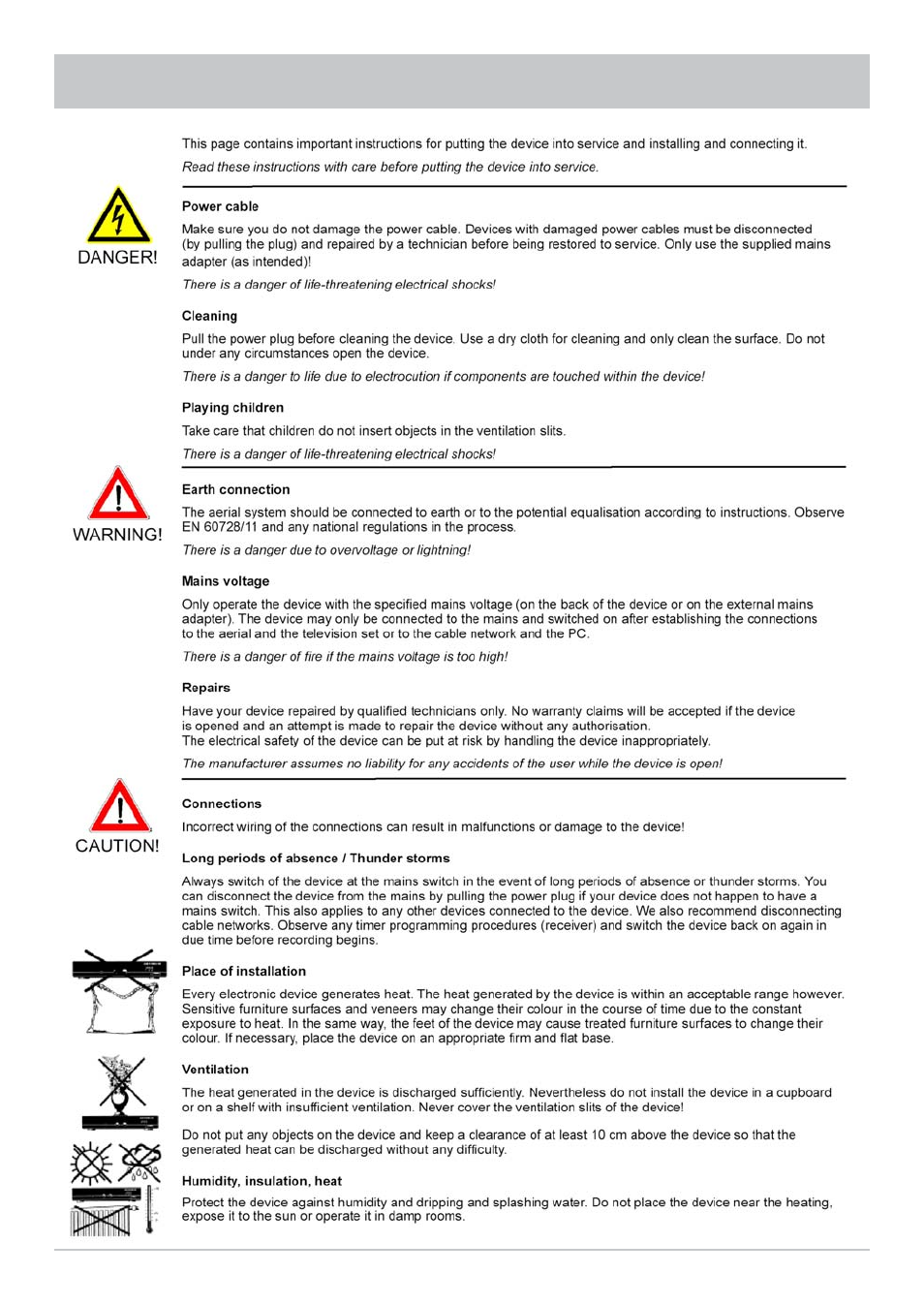 Safety instructions - important notes | Kathrein UFS 712sw User Manual | Page 6 / 72