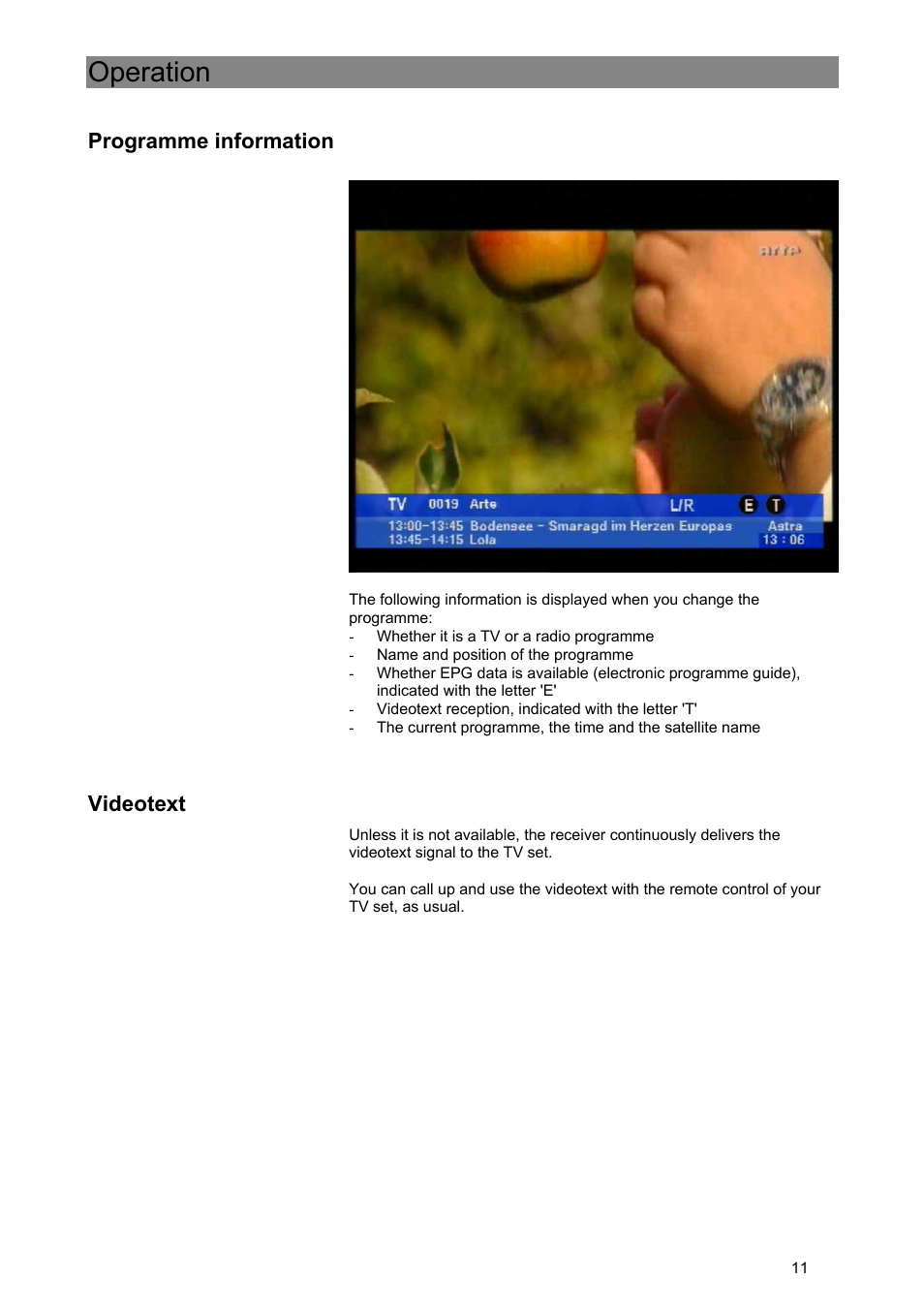 Operation, Programme information, Videotext | Kathrein Euroline UFE 305/S User Manual | Page 11 / 36