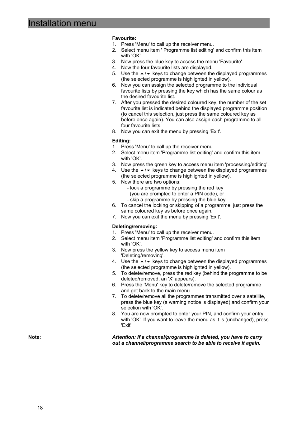 Installation menu | Kathrein Euroline UFE 305/S User Manual | Page 18 / 36