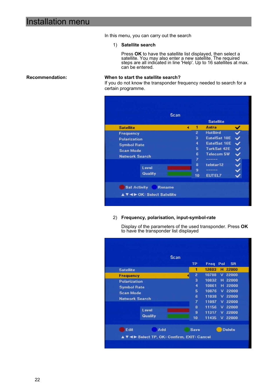 Installation menu | Kathrein Euroline UFE 305/S User Manual | Page 22 / 36