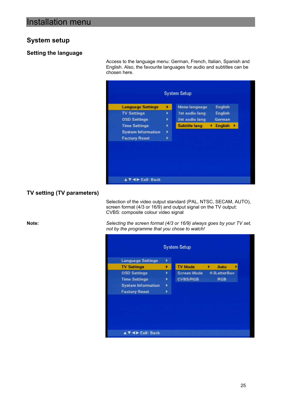 Installation menu, System setup | Kathrein Euroline UFE 305/S User Manual | Page 25 / 36