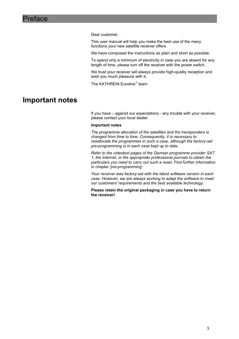 Preface, Important notes | Kathrein Euroline UFE 305/S User Manual | Page 3 / 36