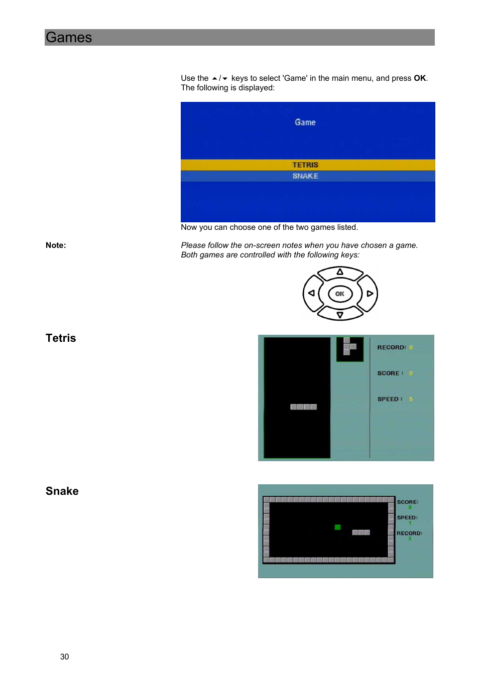 Games, Tetris, Snake | Kathrein Euroline UFE 305/S User Manual | Page 30 / 36