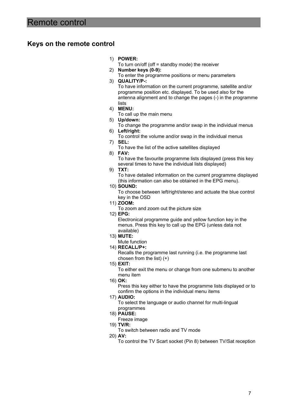 Remote control, Keys on the remote control | Kathrein Euroline UFE 305/S User Manual | Page 7 / 36