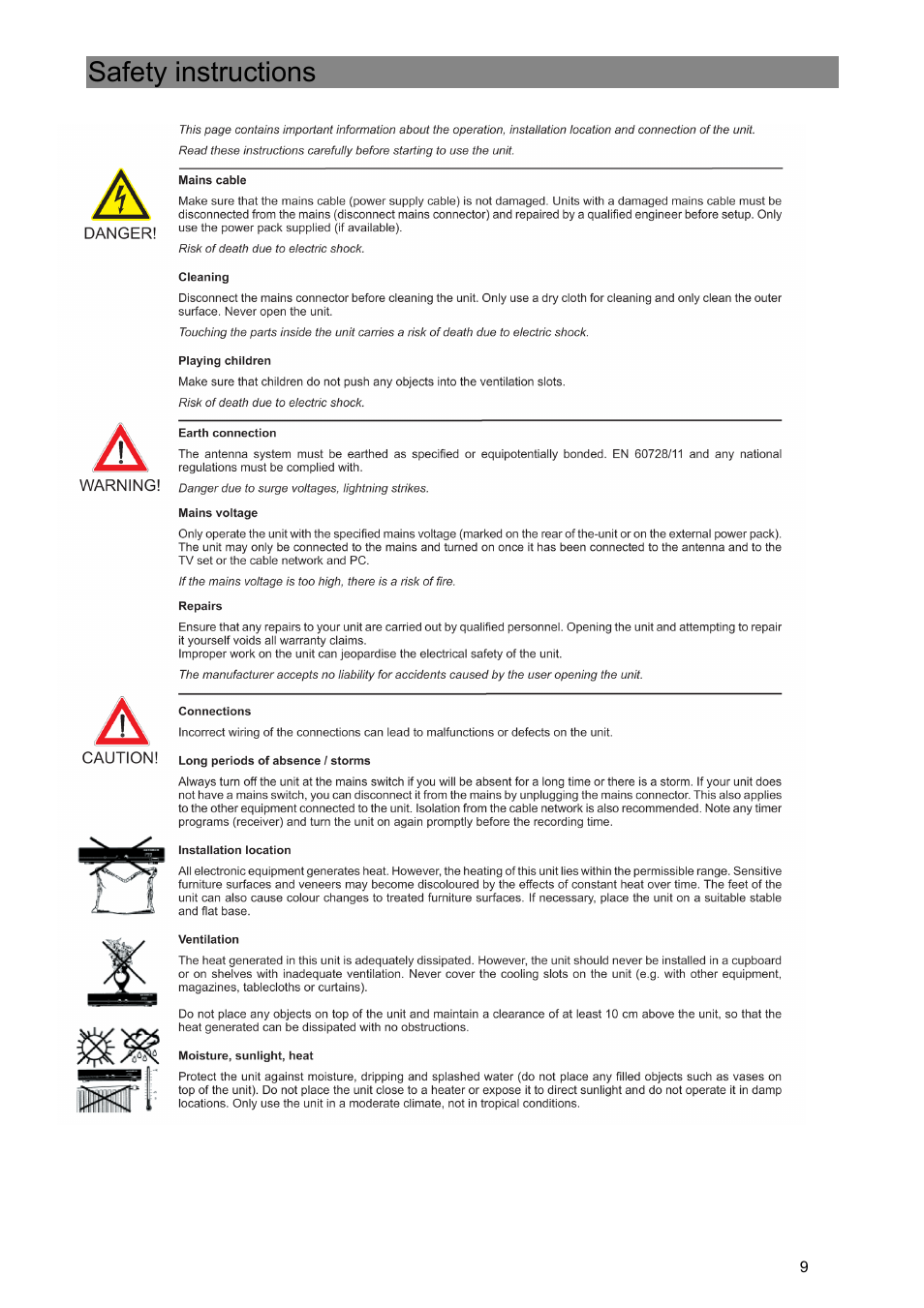 Safety instructions | Kathrein Euroline UFE 305/S User Manual | Page 9 / 36
