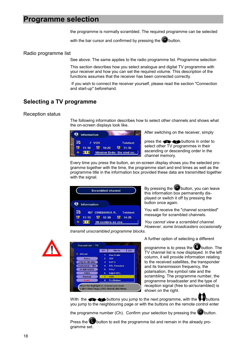 Radio programme list, Selecting a tv programme, Reception status | Programme selection | Kathrein UFD 505 User Manual | Page 18 / 54