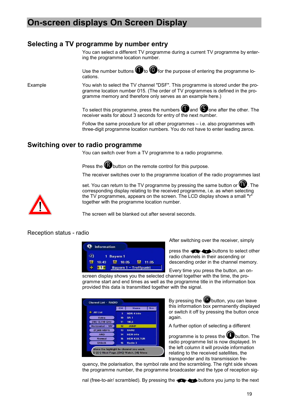 On-screen displays on screen display, Selecting a tv programme by number entry, Switching over to radio programme | Reception status - radio | Kathrein UFD 505 User Manual | Page 19 / 54