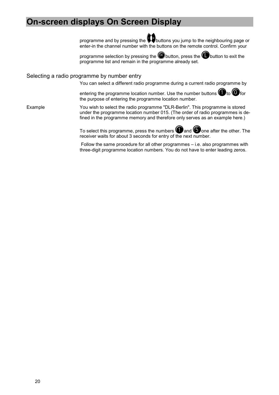 Selecting a radio programme by number entry, On-screen displays on screen display | Kathrein UFD 505 User Manual | Page 20 / 54