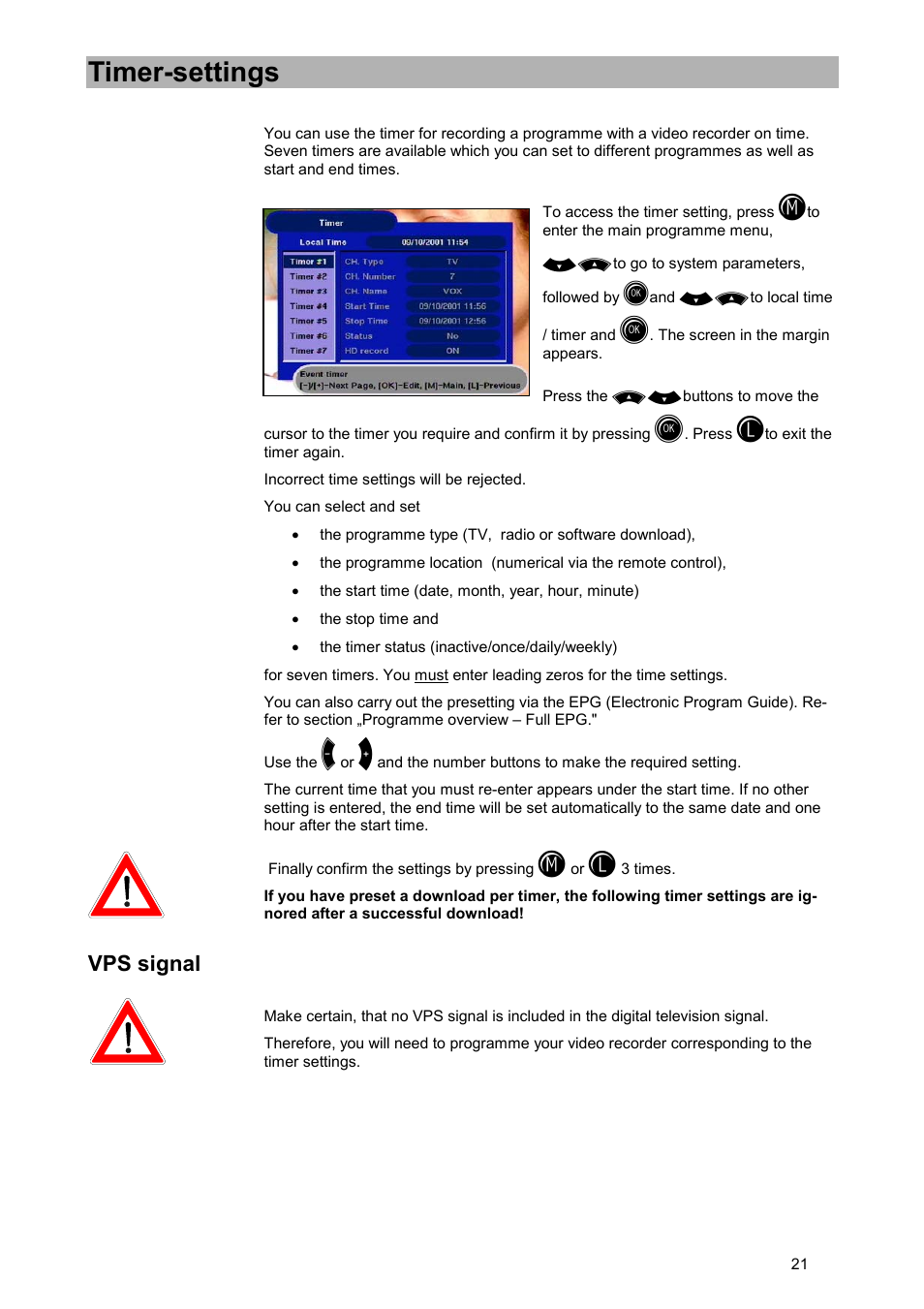 Timer-settings, Vps signal | Kathrein UFD 505 User Manual | Page 21 / 54