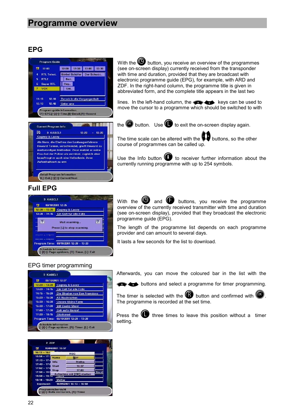 Programme overview, Full epg, Epg timer programming | Kathrein UFD 505 User Manual | Page 22 / 54