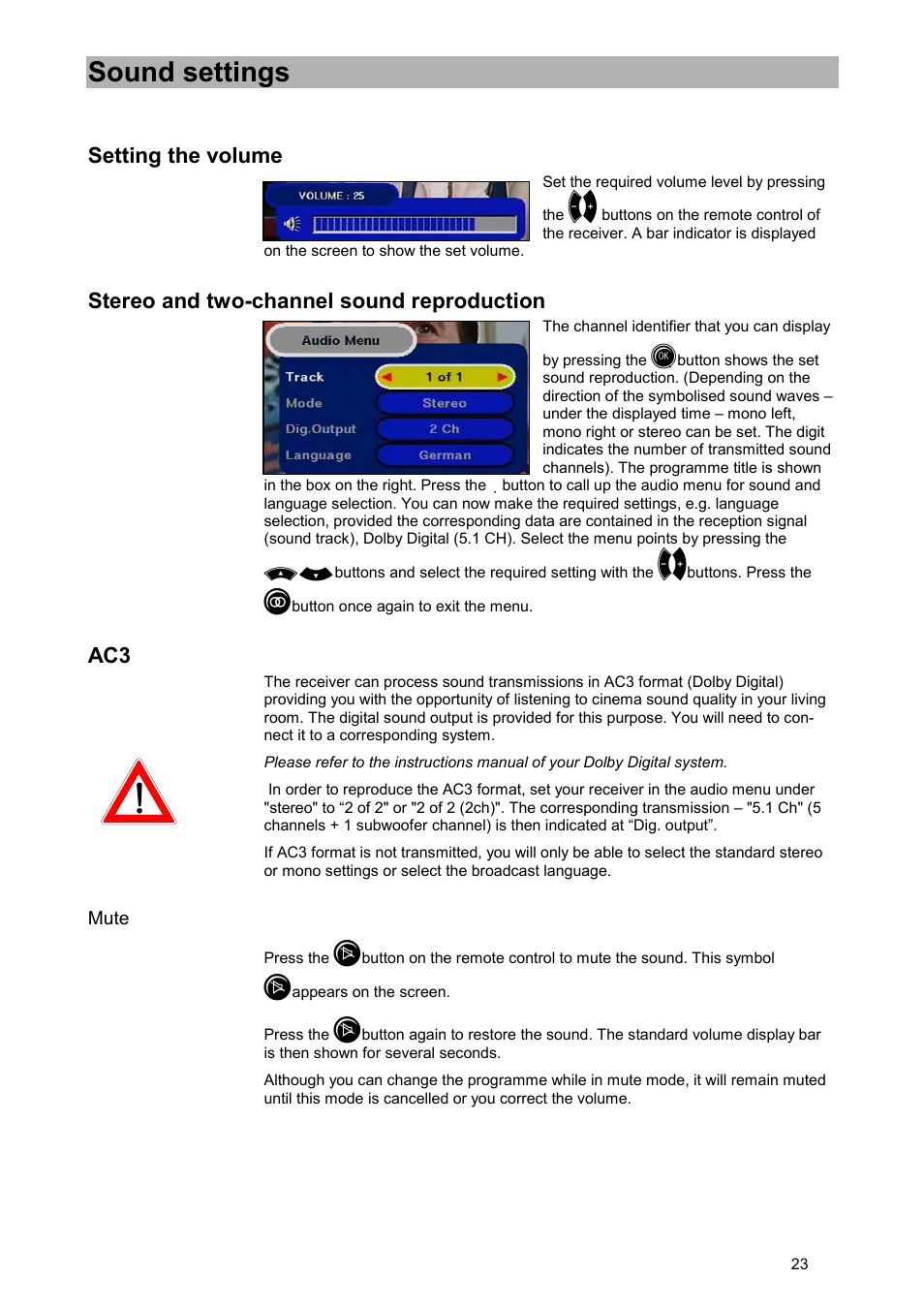 Sound settings, Setting the volume, Stereo and two-channel sound reproduction | Kathrein UFD 505 User Manual | Page 23 / 54