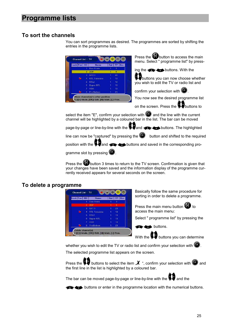 To sort the channels, To delete a programme, Programme lists | Kathrein UFD 505 User Manual | Page 25 / 54