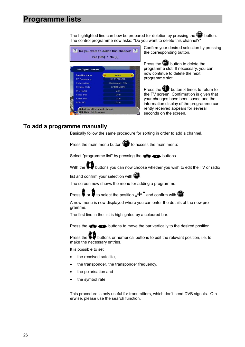 To add a programme manually, Programme lists | Kathrein UFD 505 User Manual | Page 26 / 54