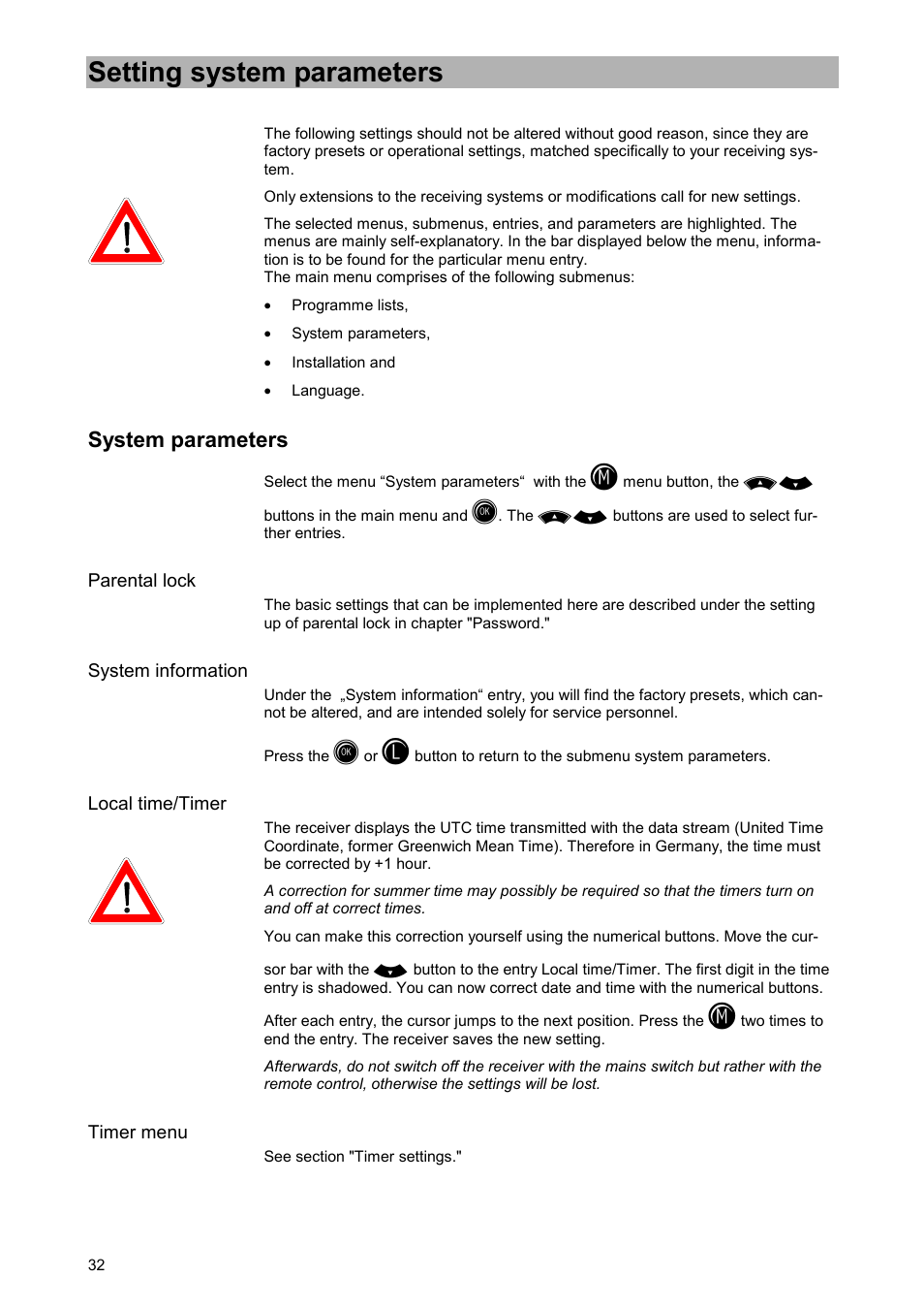 Setting system parameters, System parameters, Parental lock | System information, Local time/timer, Timer menu | Kathrein UFD 505 User Manual | Page 32 / 54