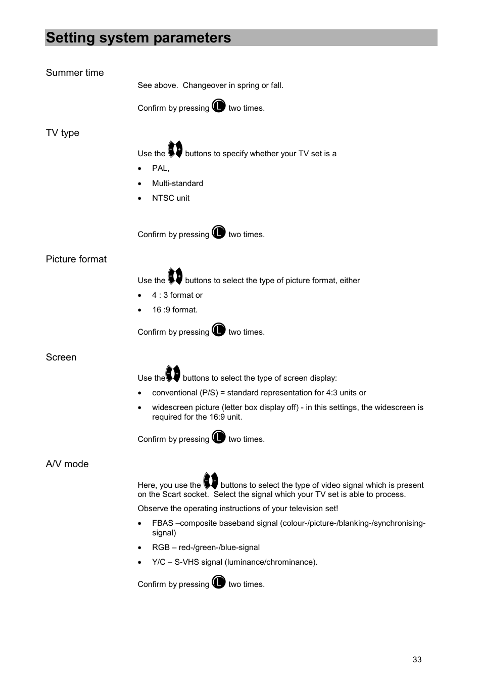 Summer time, Tv type, Picture format | Screen, A/v mode, Setting system parameters | Kathrein UFD 505 User Manual | Page 33 / 54
