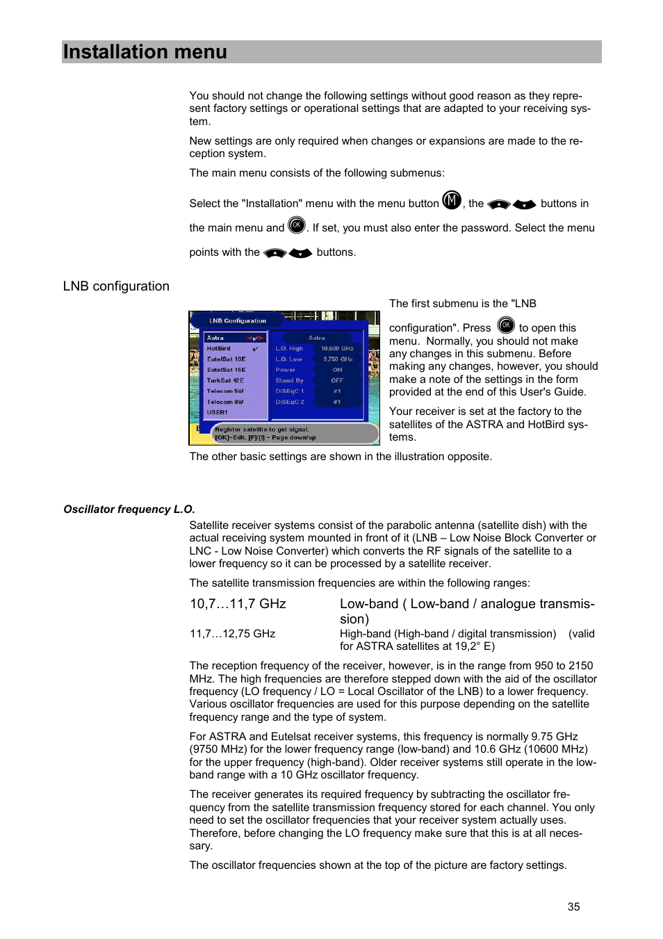 Installation menu, Lnb configuration, Oscillator frequency l.o | Kathrein UFD 505 User Manual | Page 35 / 54