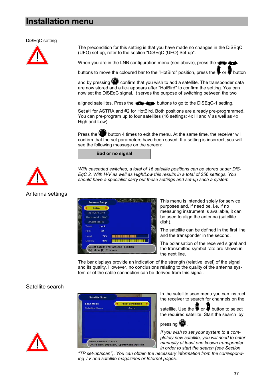 Diseqc setting, Antenna settings, Satellite search | Installation menu | Kathrein UFD 505 User Manual | Page 37 / 54