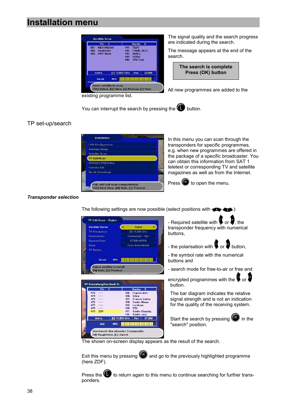 Tp set-up/search, Transponder selection, Installation menu | Kathrein UFD 505 User Manual | Page 38 / 54