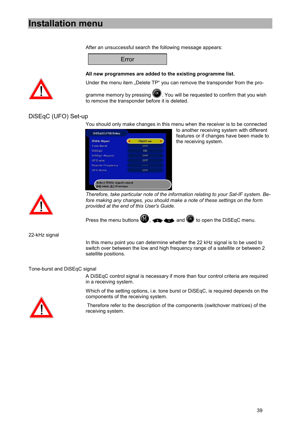 Diseqc (ufo) set-up, Khz signal, Tone-burst and diseqc signal | Installation menu | Kathrein UFD 505 User Manual | Page 39 / 54