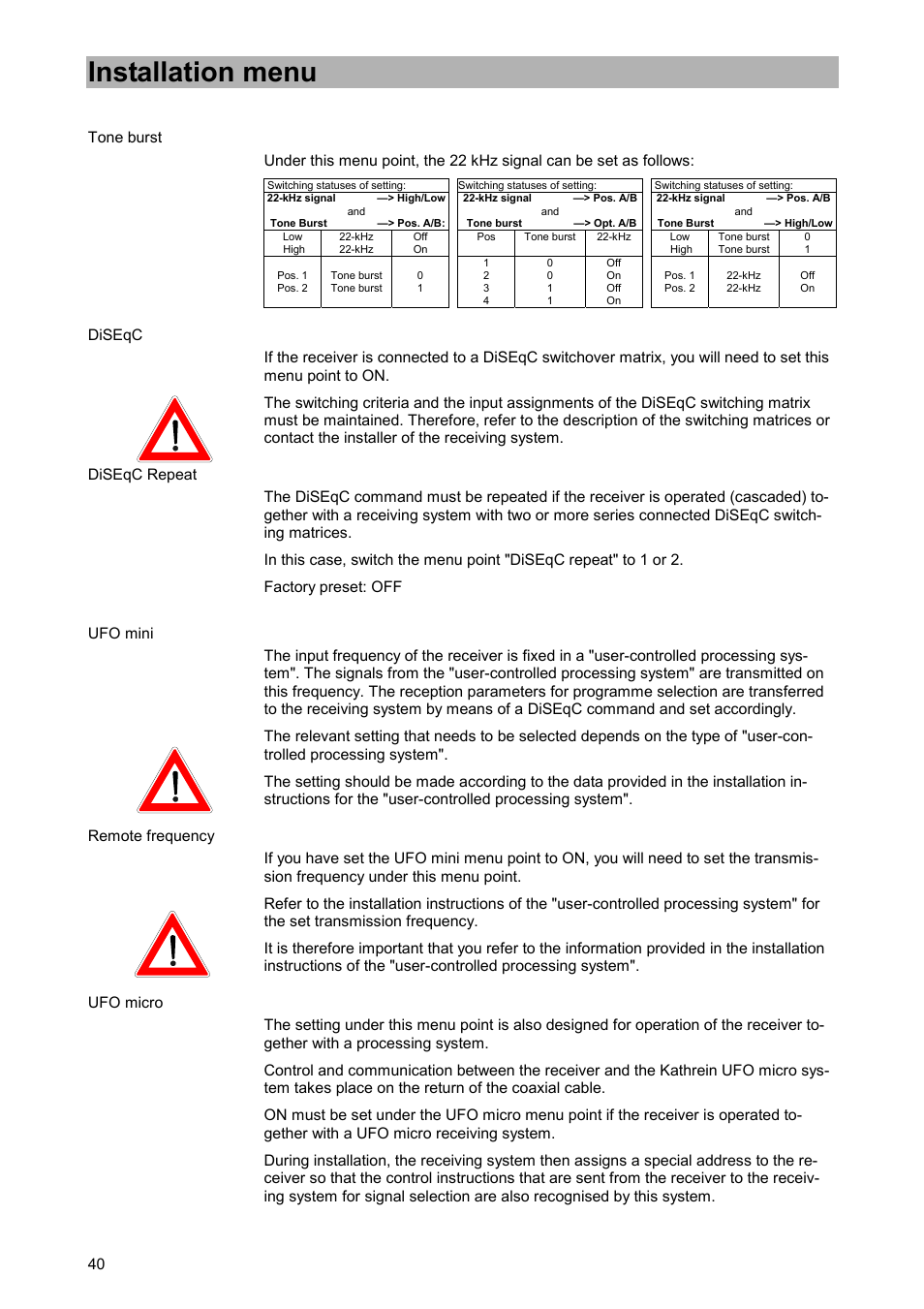 Tone burst, Diseqc, Diseqc repeat | Ufo mini, Remote frequency, Ufo micro, Installation menu | Kathrein UFD 505 User Manual | Page 40 / 54