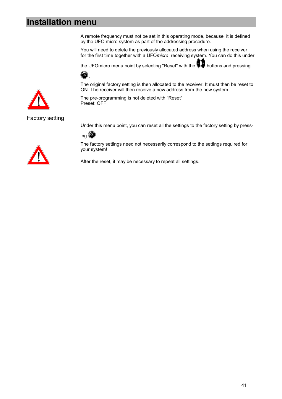 Factory setting, Installation menu | Kathrein UFD 505 User Manual | Page 41 / 54