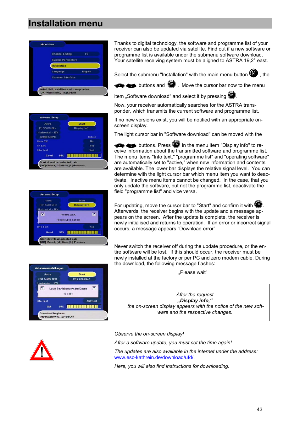 Software and programme lists update, Installation menu | Kathrein UFD 505 User Manual | Page 43 / 54