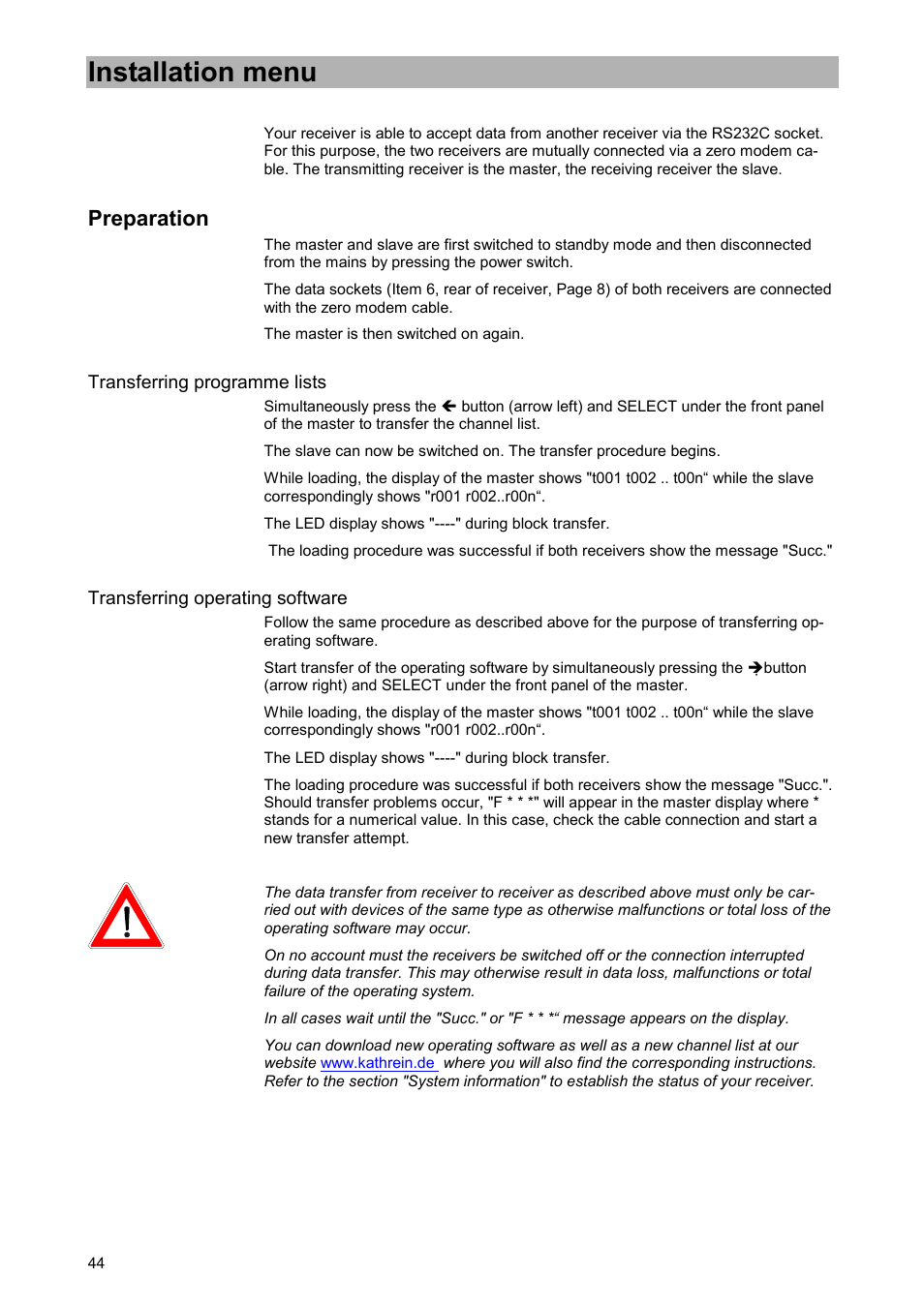 Data transfer from receiver to receiver, Preparation, Transferring programme lists | Transferring operating software, Installation menu | Kathrein UFD 505 User Manual | Page 44 / 54