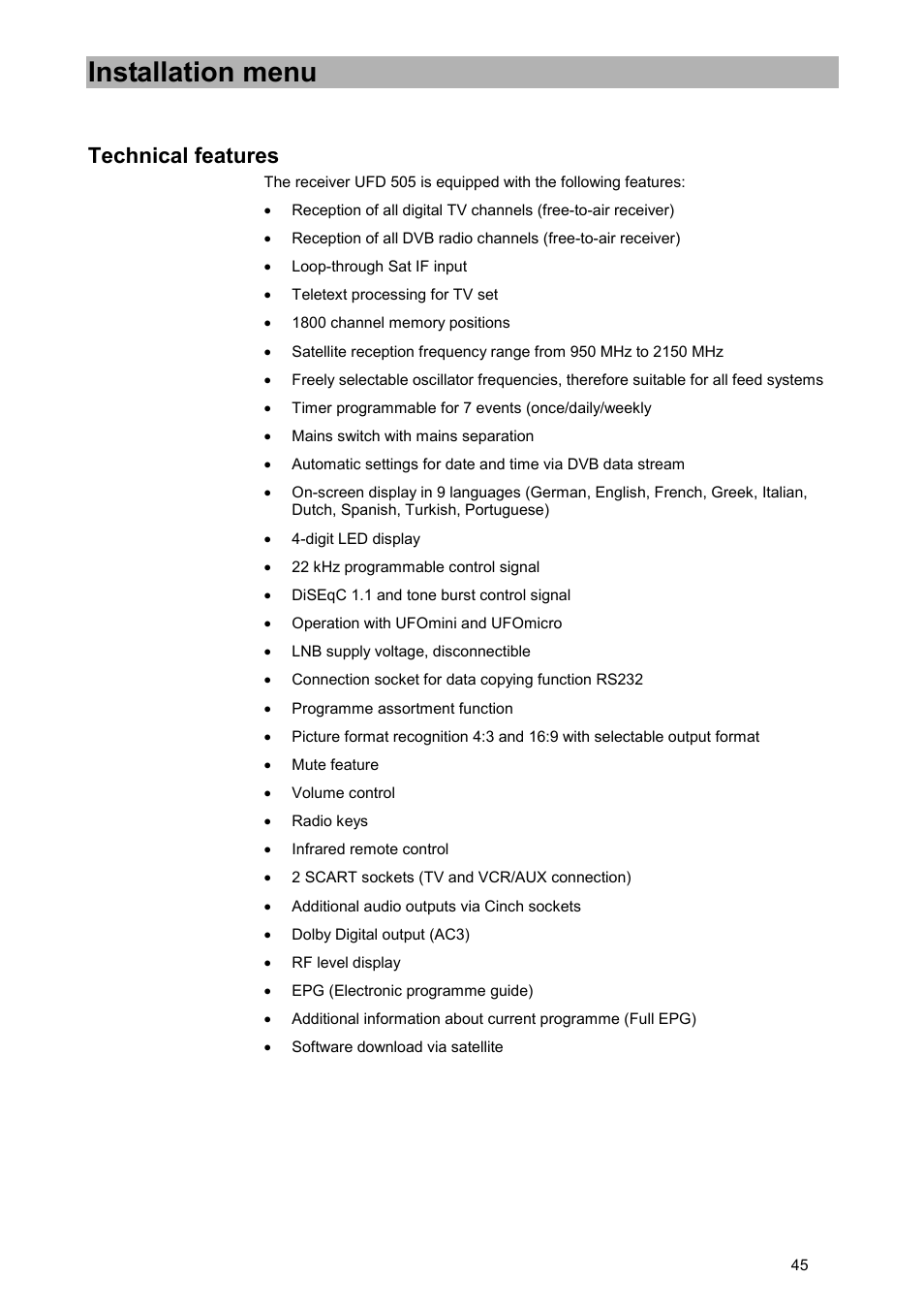 Technical annex, Technical features, Installation menu | Kathrein UFD 505 User Manual | Page 45 / 54