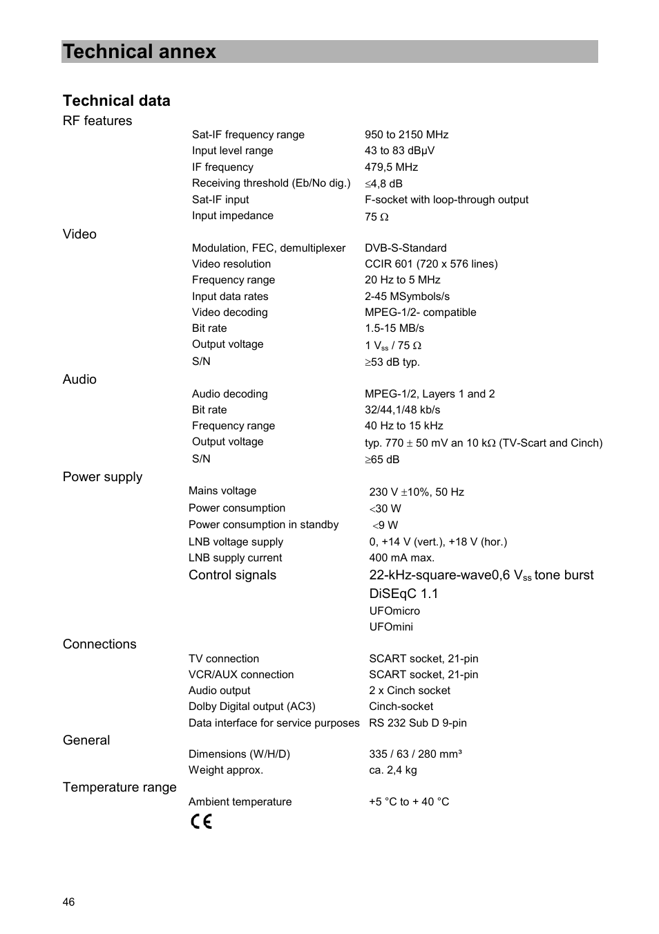 Technical annex, Technical data | Kathrein UFD 505 User Manual | Page 46 / 54
