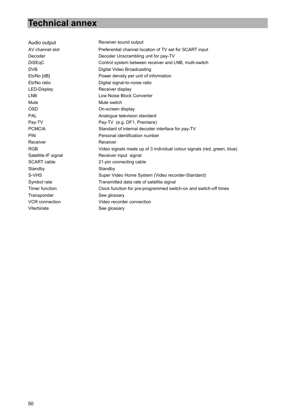 Glossary, abbreviations, Technical annex | Kathrein UFD 505 User Manual | Page 50 / 54