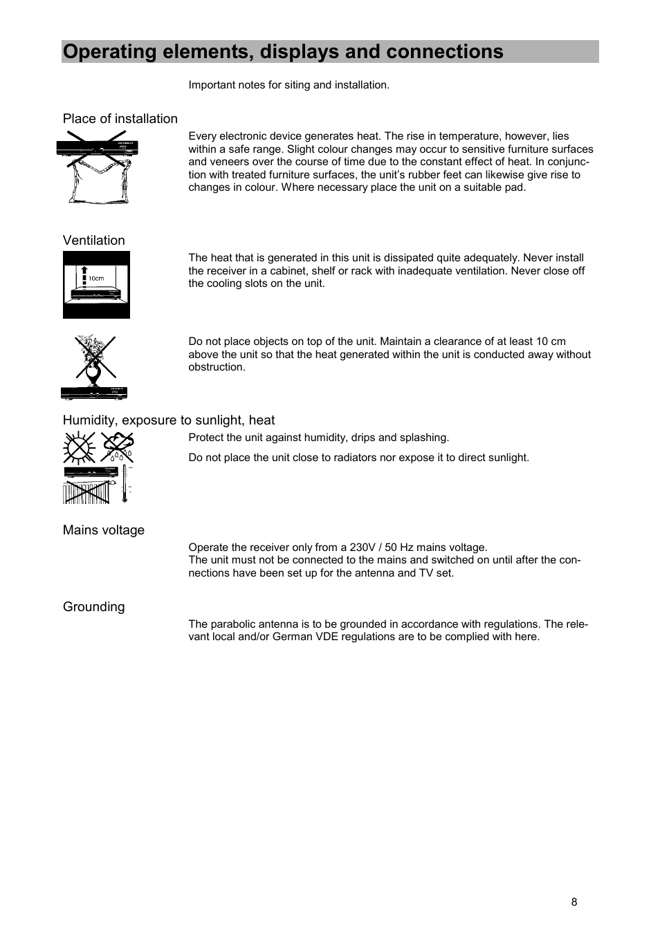 Operating elements, displays and connections, Place of installation, Ventilation | Humidity, exposure to sunlight, heat, Mains voltage, Grounding | Kathrein UFD 505 User Manual | Page 8 / 54