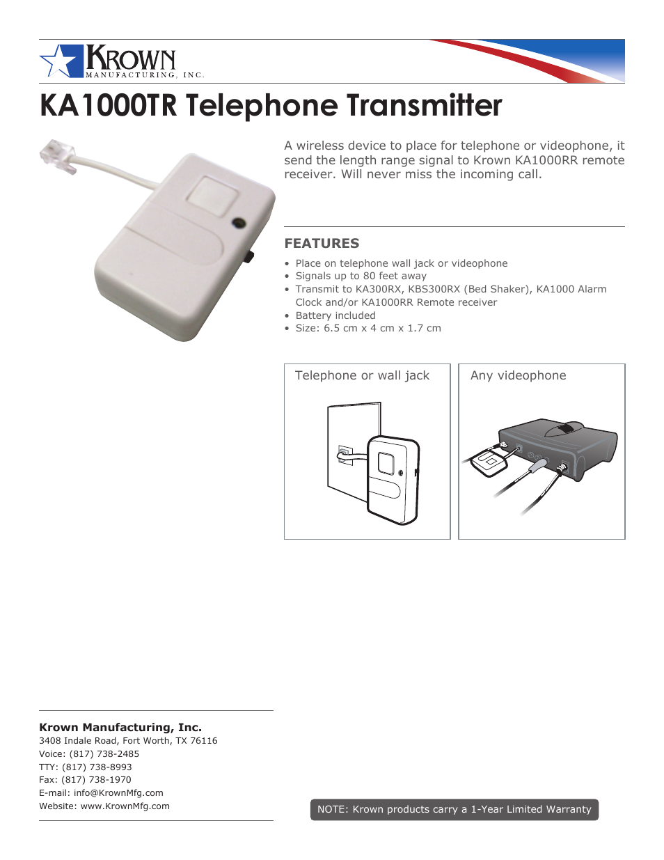 Krown Manufacturing KA1000TR User Manual | 1 page
