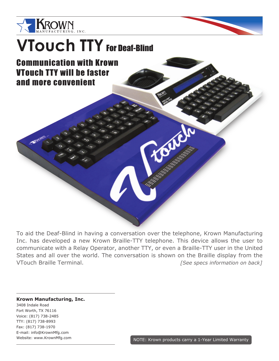 Krown Manufacturing Communication Keyboard for Deaf-Blind VTouch TTY User Manual | 2 pages