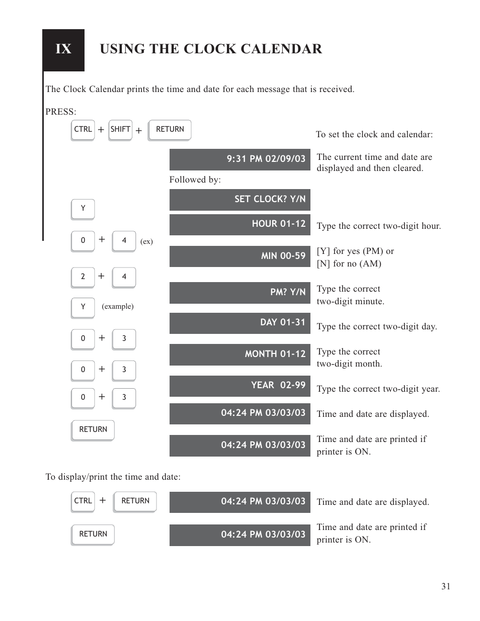 Using the clock calendar | Krown Manufacturing 2000DLD User Manual | Page 33 / 43
