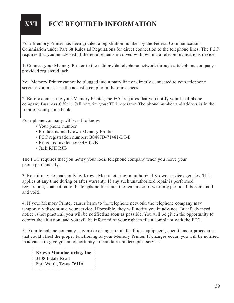 Fcc required information | Krown Manufacturing 2000DLD User Manual | Page 41 / 43