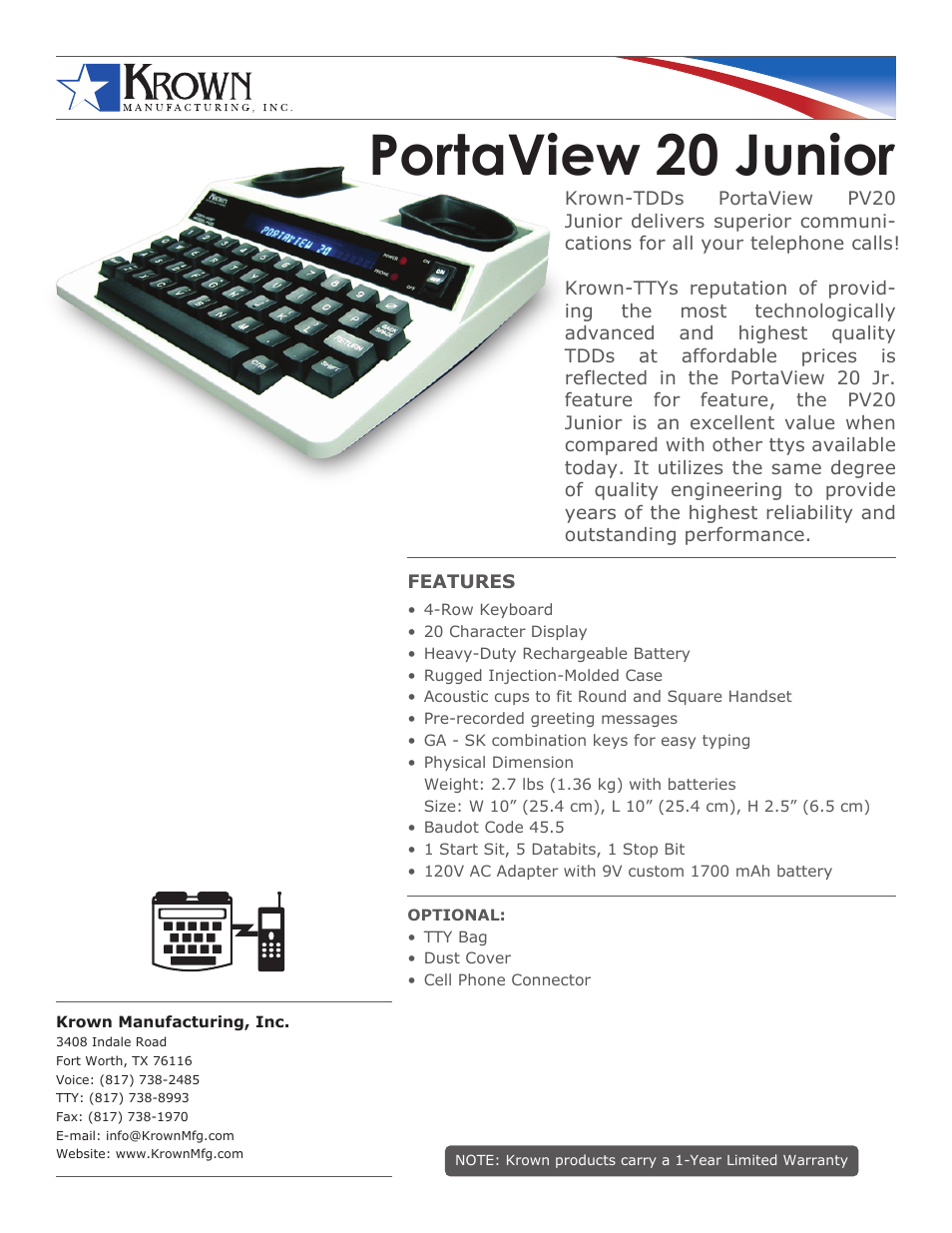 Krown Manufacturing PortaView 20 Junior PV20 User Manual | 1 page