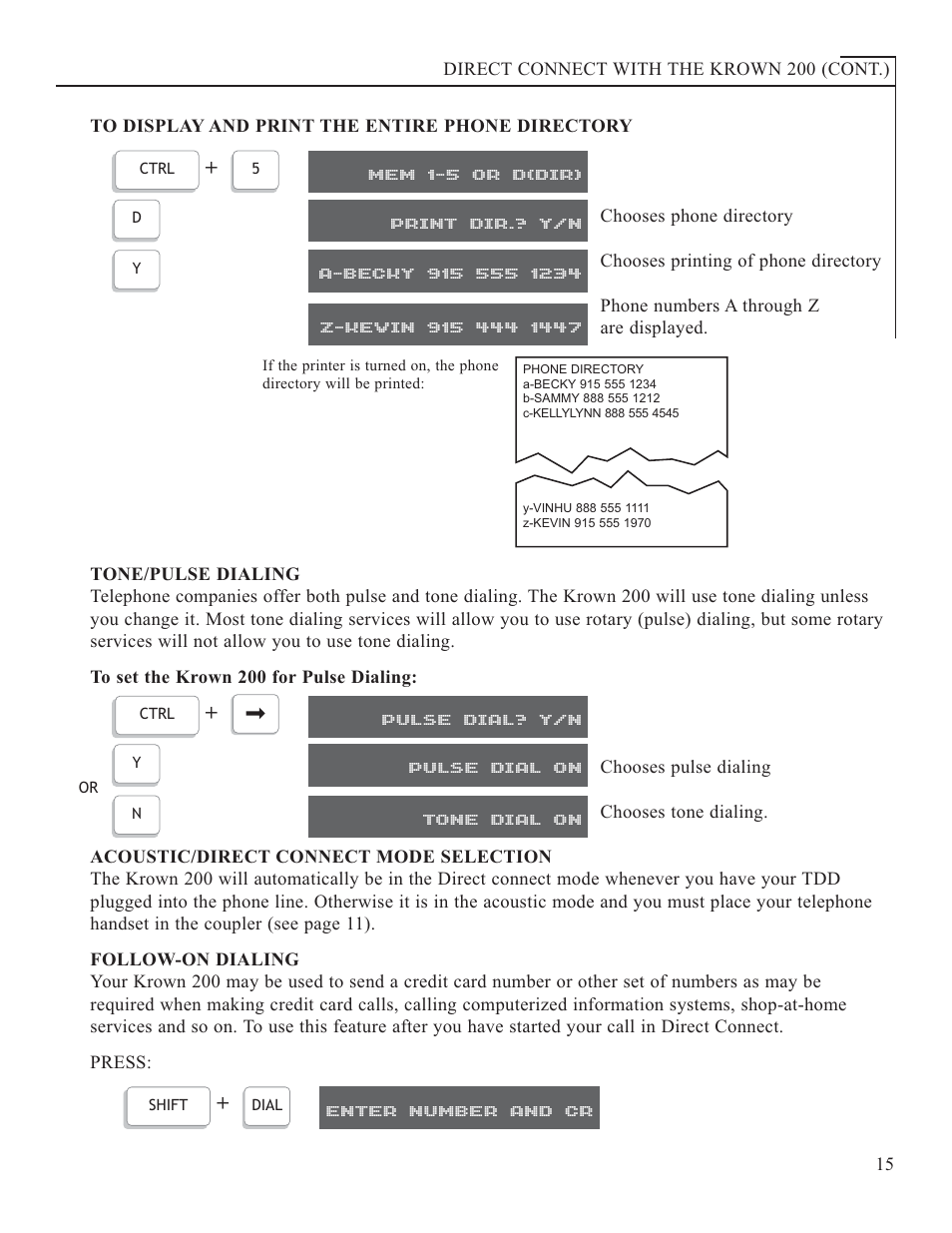 Mem 1-5 or d(dir), Print dir.? y/n, Pulse dial? y/n | Pulse dial on, Tone dial on, Enter number and cr | Krown Manufacturing 200 User Manual | Page 17 / 37