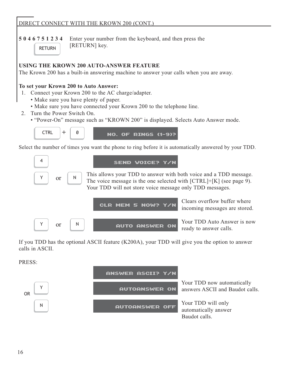 No. of rings (1-9), Send voice? y/n, Clr mem 5 now? y/n | Auto answer on, Answer ascii? y/n, Autoanswer on, Autoanswer off | Krown Manufacturing 200 User Manual | Page 18 / 37