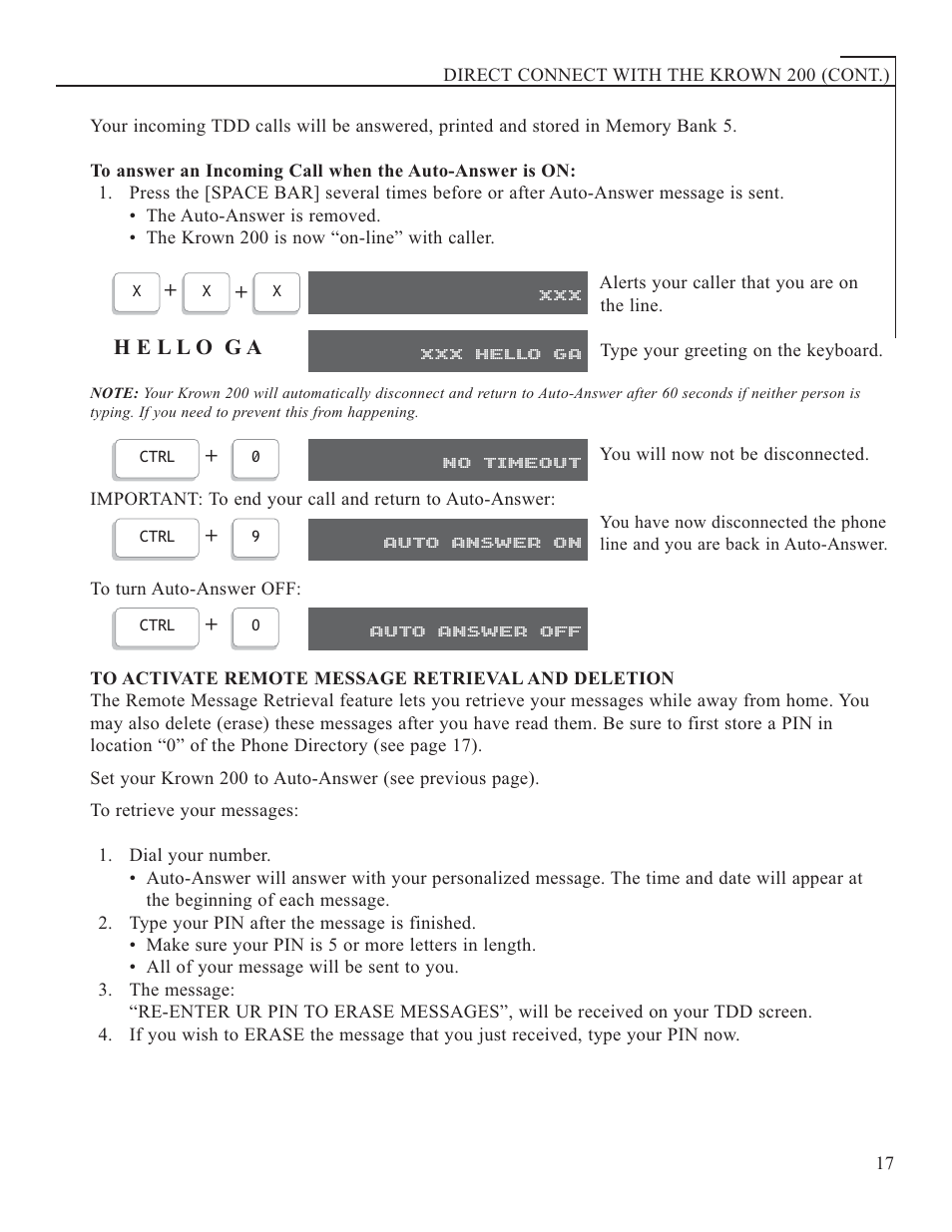 Xxx hello ga, No timeout, Auto answer on | Auto answer off | Krown Manufacturing 200 User Manual | Page 19 / 37